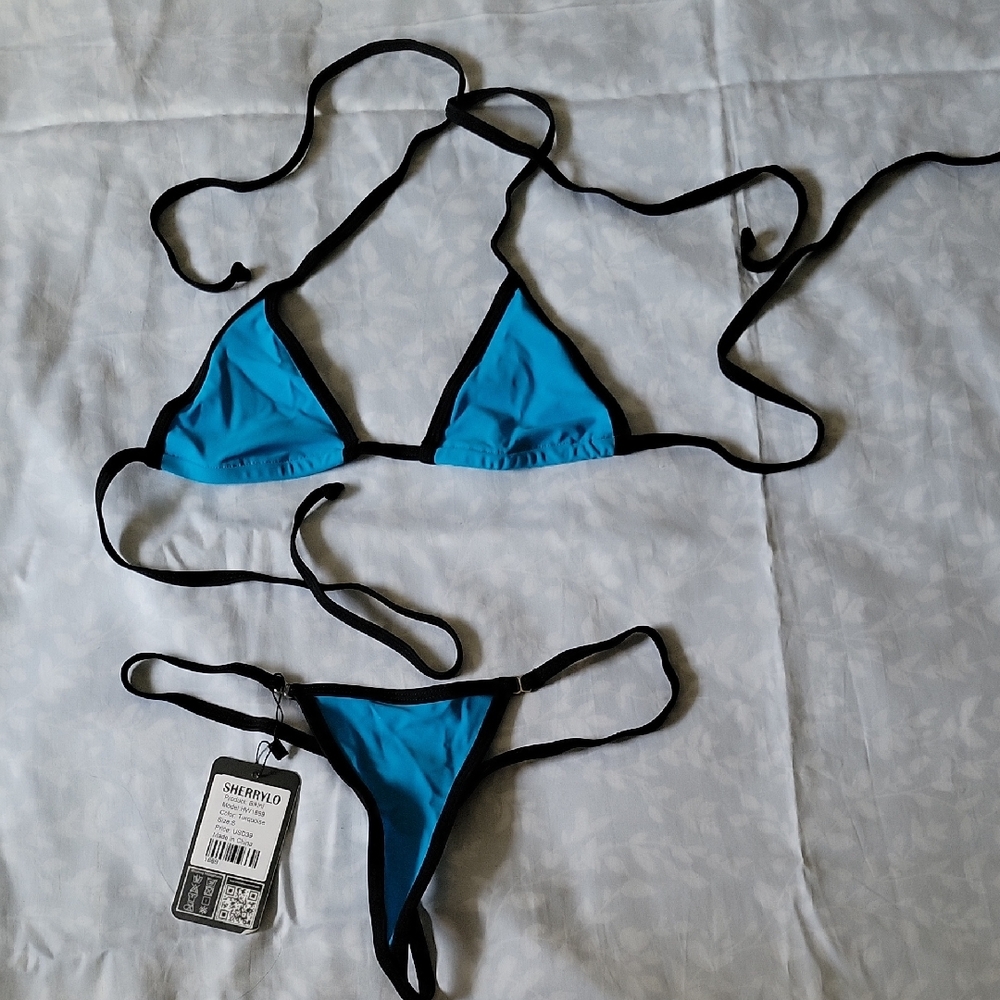 Blue and Black String Thong Bikini